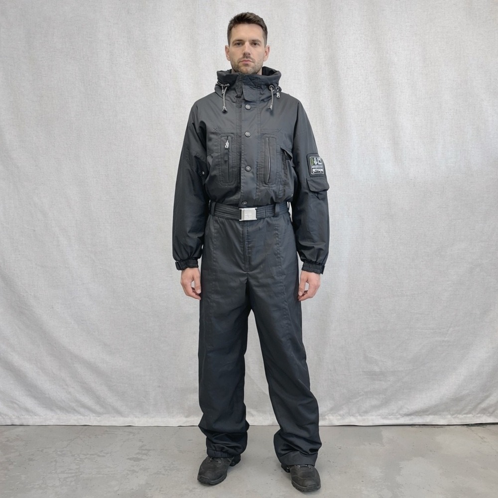 Bogner Men Ski Suit One Piece Black L/44 Sub Zero Gear Hooded Belted‎ Snowsuit
